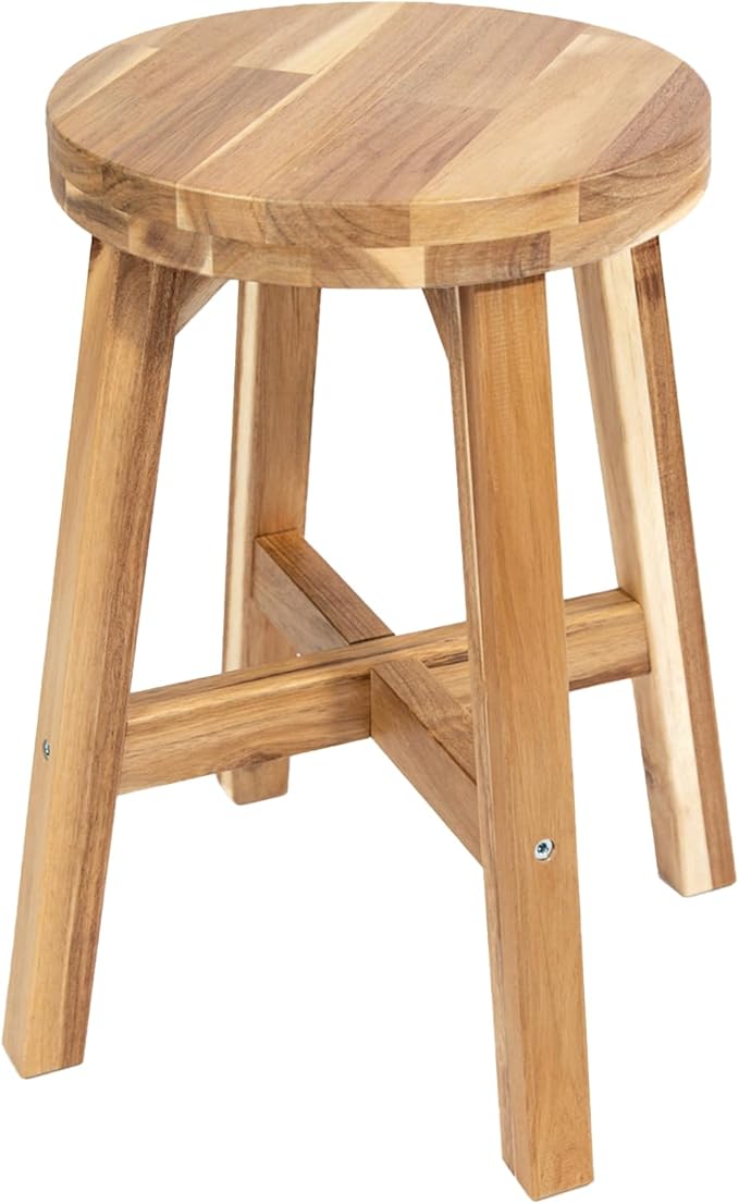 Round Stool Acacia Wood, 18" Height, 11'' Round Top, Backless, Easy Assembly, Natural Wax Finish, Wooden Stool for Plant, Dining Room, Kitchen Counter, Makeup