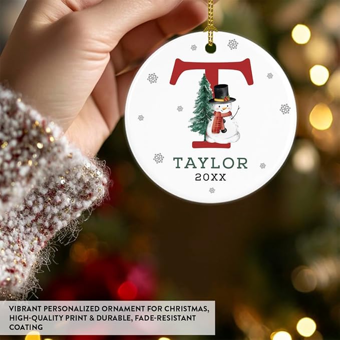 Andaz Press Personalized Christmas Ornament, Custom Name, Initial T Monogram Snowman 2.8" Ceramic Porcelain 2025 Christmas Ornament Keepsake for Kids, Boys, Girls Initial Ornament 1-Pack