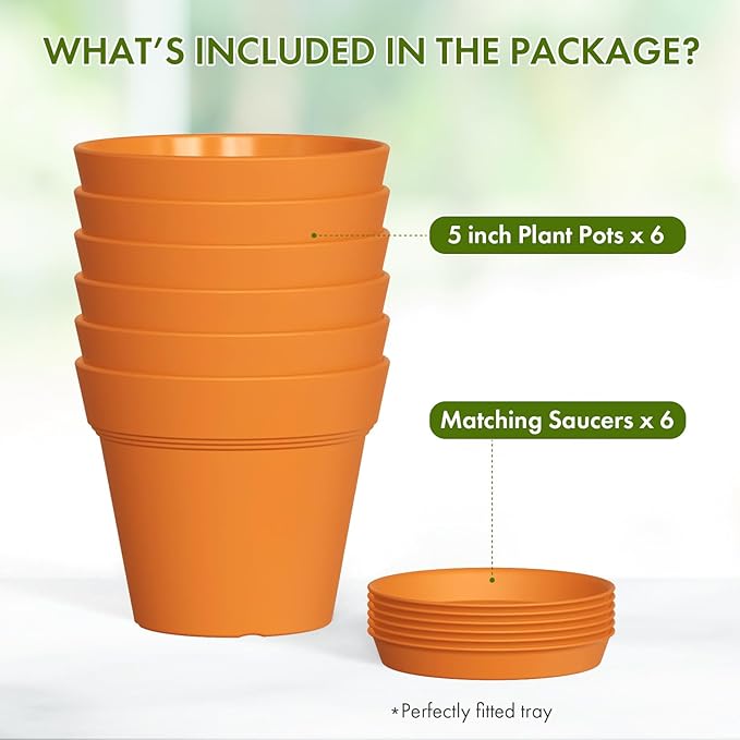 5 Inch Plastic Plant Pots with Drainage Holes and Trays – 6 Pack Small Nursery Pots for Indoor & Outdoor House Plants and Flowers, Seedling Starter Planters, Terracotta