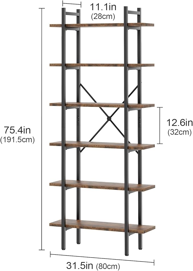 6 Tiers Bookshelf Organizer Industrial Shelf,Modern Open Display Storage Bookcase,Rustic Brown and Metal Bookshelf Standing Storage Shelf Tall Shelving Units for Home Office Study