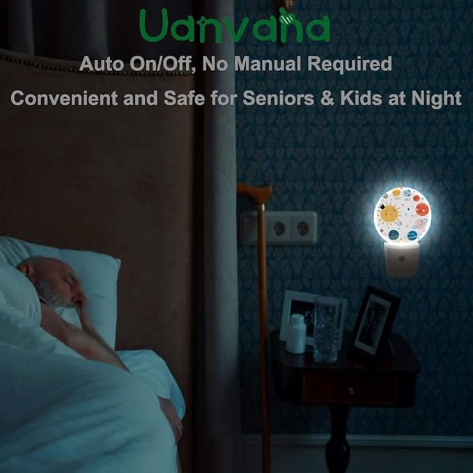 Solar System Night Light Planets Stars Satellites in Universe Cartoon Night Lights Plug into Wall Dusk to Dawn Sensor LED Lighting for Boys Girls Room Decor, 0.5W Sleep Friendly