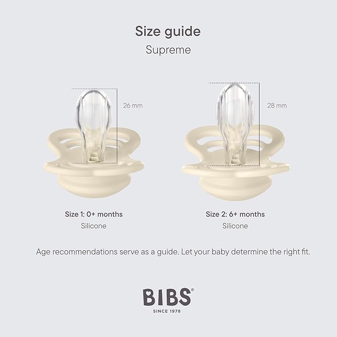 BIBS Supreme Baby Pacifier 2-Pack | Made in Denmark | BPA Free Dummy Soother, Symmetrical Nipple. Silicone, Size 2 (6-18 Months), Haze/Blossom