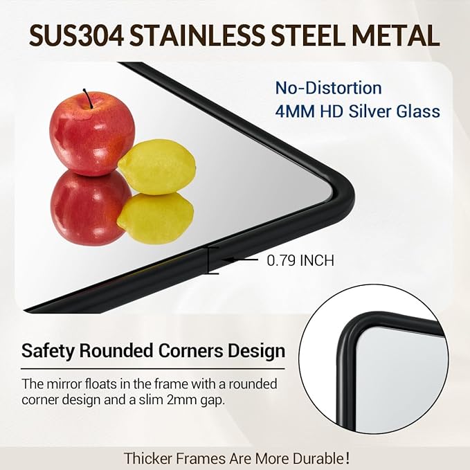 ANDY STAR Bathroom Mirror, 24x36 Inch Stainless Steel Metal Frame Black Rectangle Bathroom Mirror for Over Sink, Modern Rounded Corner Black Vanity Mirrors for Wall, Hangs Horizontally or Vertically
