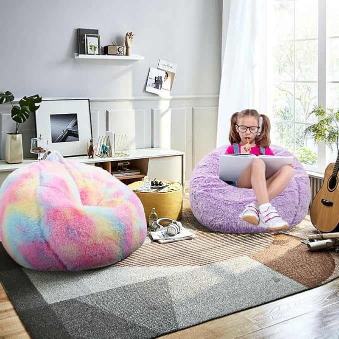 Fluffy Bean Bag Chair for Kids, 2.5FT Round Memory Foam Filled Bean Bag for Teens & Kids, Ultra Soft Faux Fur Fabric Bean Bag Chairs for Playroom, Living Room, Bedroom, Lavender