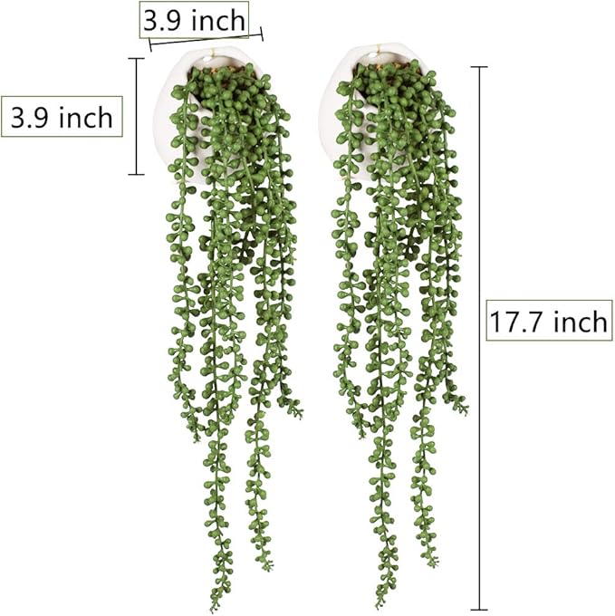 Tiita Artificial Succulents Hanging Plants, Faux String of Pearls Plants for Home Office Accessories Window Sill Bathroom Bedroom Fake in White Ceramic Pots, Set of 2