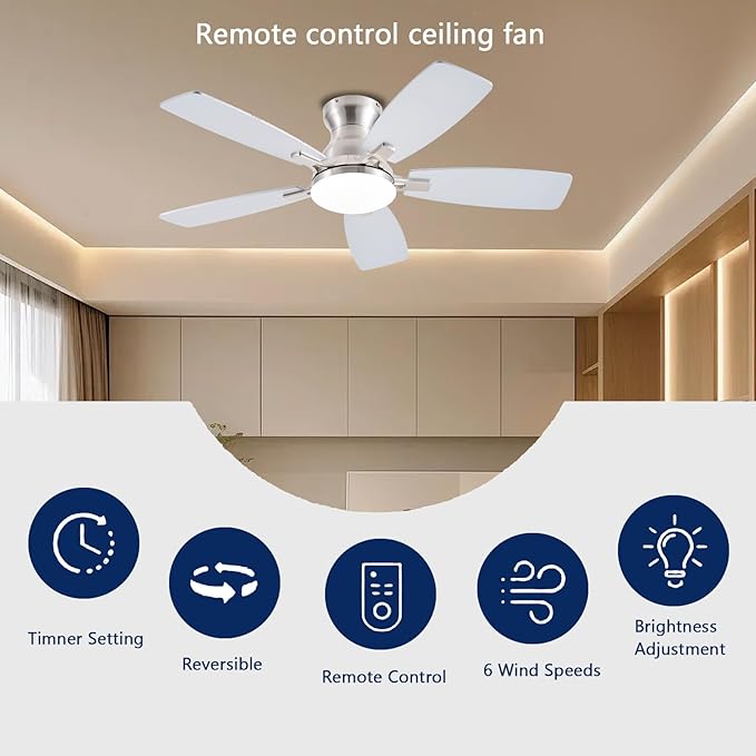JSAITEE Ceiling Fans with Lights, 42 Inch Low Profile Ceiling Fan with Light and Remote Control, Flush Mount, DC Reversible Motor, Noiseless, Nickel 6 Speeds Ceiling Fan for Bedroom
