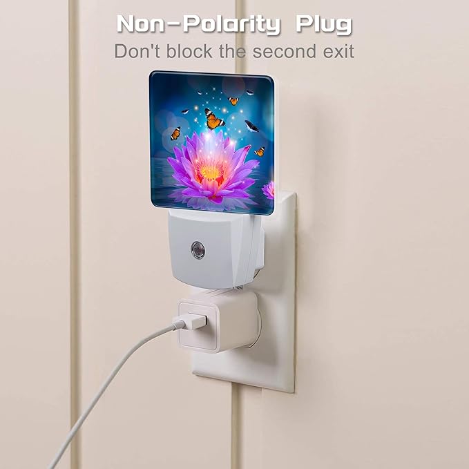 Purple Lotus Flowers Butterflies Night Light for Kids,Glowing Lotus Butterfly Night Light Plug in with Dusk to Dawn Sensor,0.5w Energy Saving Nightlight for Hallway Stairway Kitchen Bedroom