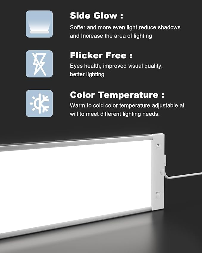 MYPLUS 12" Under Cabinet Lights Panel, Super Bright Under Counter Lighting with 84 LEDs,Warm White,Cool White and Daylight, ETL Listed, Ideal for Kitchen, Cupboard, Workbench, Desk