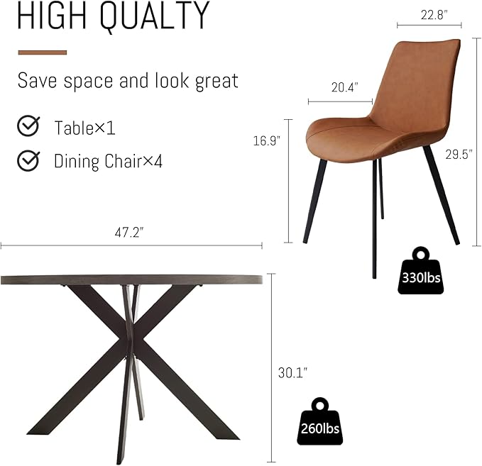 47" Round Dining Table Set, Mid Century Modern Round Dining Table for 4-6 Person, Steel Legs, Leisure Coffee Table for Kitchen Dining Room, Save Space