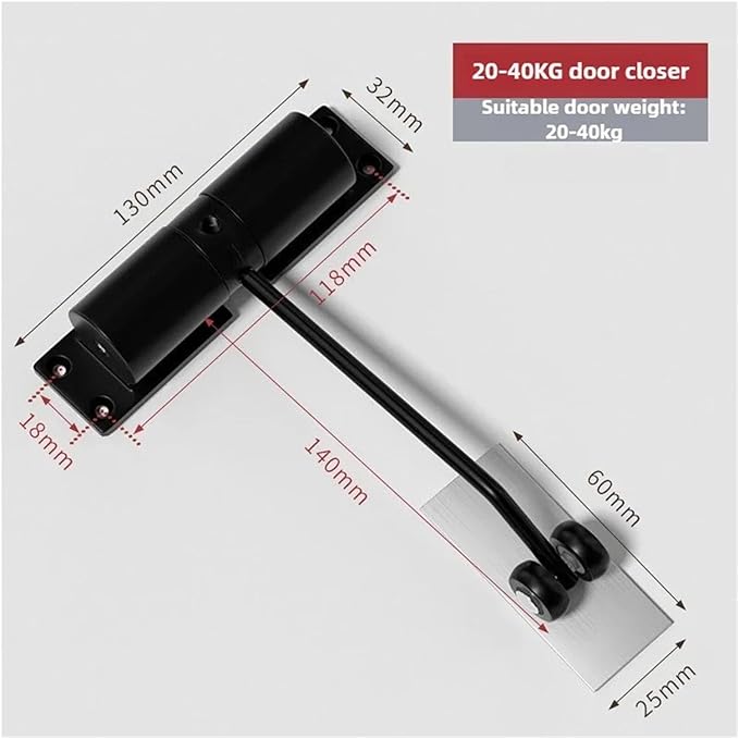 Automatic Adjustable Closer Surface Mounted Heavy Duty Safety Spring for Interior Exterior Door 1 Set(20-40KG Black)