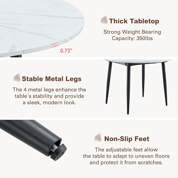 42"-54" Round to Oval Extendable Dining Room Table, White Faux Marble & Wood Grain Top with Black Metal Legs, Modern Round Dining Table for 4–6, Space-Saving Kitchen Table, Easy Assembly