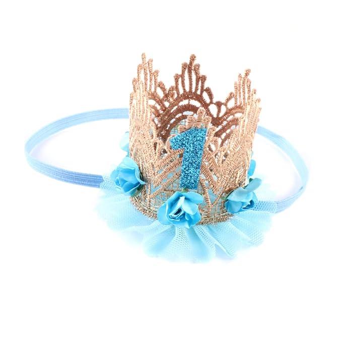 SHOWERORO First Birthday Hair Accessories for Girls - Headband, Tiara Crown with Lace Flowers