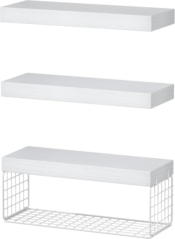 QEEIG Bathroom Shelves Over Toilet - Wall Mounted Floating Shelves Toilet Paper Storage Small Farmhouse Decor Shelf 16 inch Set of 3, White (019-W3)