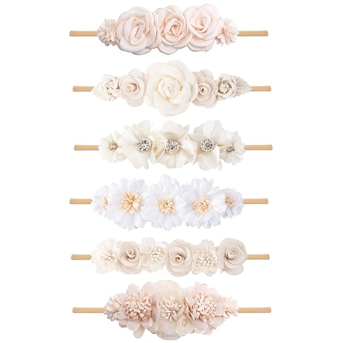 OOSAKU Baby Girl Flower Headbands Set Elastic Floral Headbands 6pcs Soft Nylon Hair Band for Newborn Toddler Hair Accessories