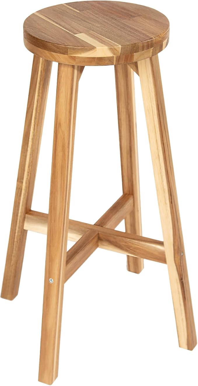 Round Stool Acacia Wood, 28" Height, 11" Round Top, Backless, Easy Assembly, Natural Wax Finish, Wooden Stool for Plant, Dining Room, Living Room, Garden, Makeup
