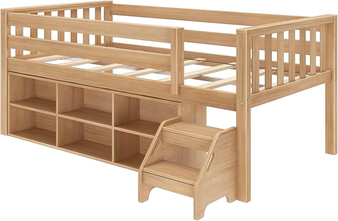 Max & Lily Soren Ultra Low Loft Bed, Twin Bed Frame for Kids with Bookcase, Blonde