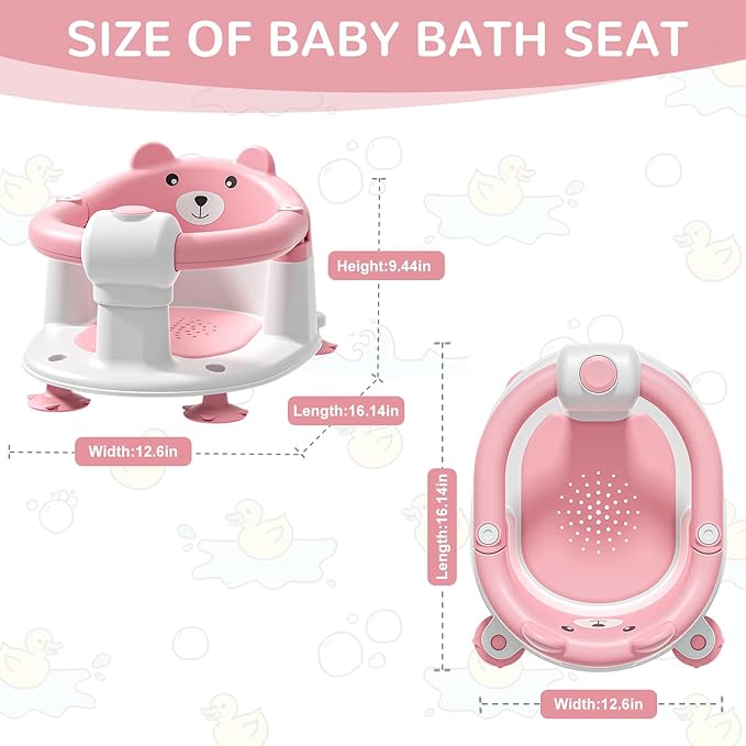 Baby Bath Seat for Babies 6 Months & up, Non-Slip Toddler Bath Seats for Babies Sitting Up, Safe Infant & Newborn Bathtub Chair with 4 Suction Cups & Soft Cushion for Shower,Pink