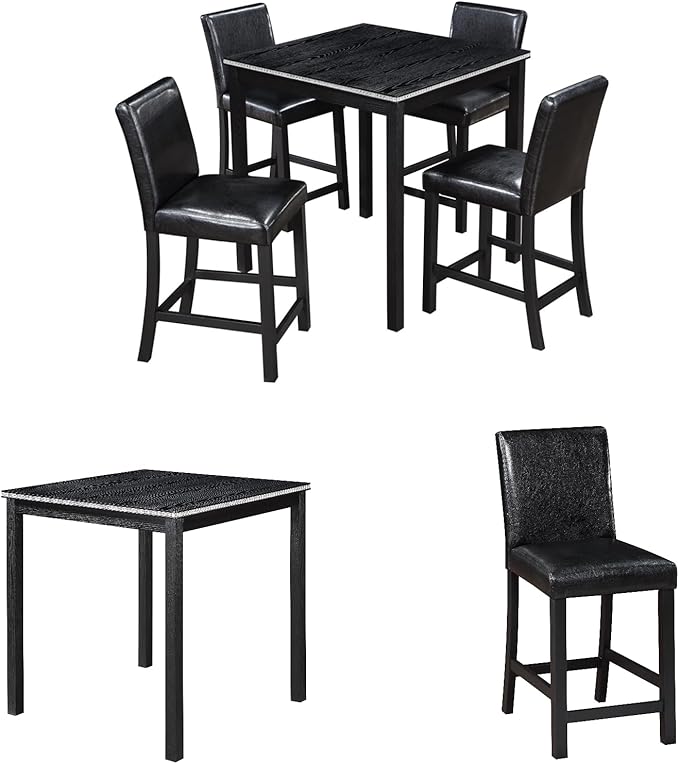 5PCS Wooden Counter Height Table Set, Square Table and 4 Upholstered Chairs, Dining Table with Crystal Decoration, for Kitchen, Dining Room,Black