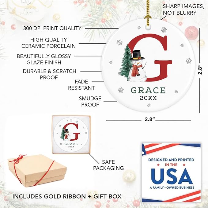 Andaz Press Personalized Ornament, Custom Name, Initial G Monogram Snowman 2.8" Ceramic Porcelain 2025 Christmas Ornament Keepsake for Kids, Boys, Girls, Initial Ornaments, 1-Pack