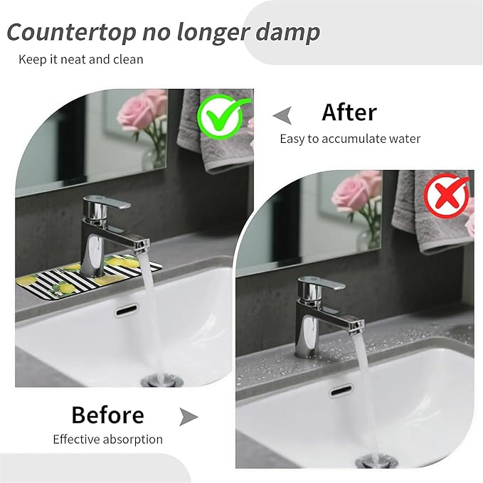 Kitchen Sink Splash Guard，Lemon-and stripes Faucet Mat Sink Gadgets-Super