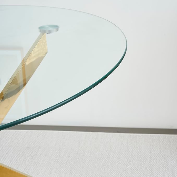 36" Round Glass Dining Table Modern Kitchen Glass Top Table for 4 with Gold Chrome Metal Legs, Clear Dining Table Kitchen Table for Home Office Dining Room