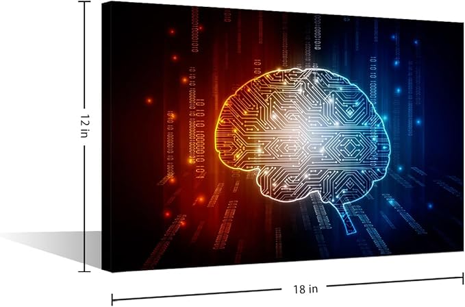 TUMOVO Artificial Intelligence Brain Wall Art Painting on Canvas Red Blue Bedroom Wall Art Modern Home Decor Digital Technology House Decorations for Living Room Stretched Frame, 18x12in
