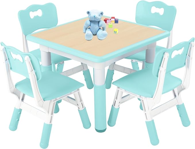 FUNLIO Kids Table and 4 Chairs Set, Height Adjustable Toddler Table and Chair Set for Ages 3-8, Easy to Wipe Arts & Crafts Table, for Classrooms/Daycares/Homes, CPC & CE Approved (5-Piece Set) - Green