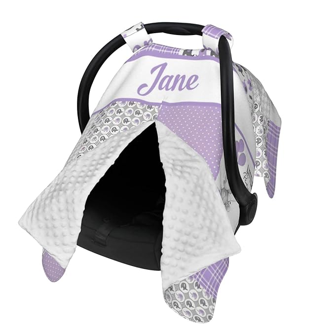 Personalized Minky Car Seat Canopy for Girl Boy, Custom Name Stroller Car Seat Covers Cover for Infant Newborn Shower Gift, Nursing Opening Carseat Cover for Breastfeeding, Elephant Purple