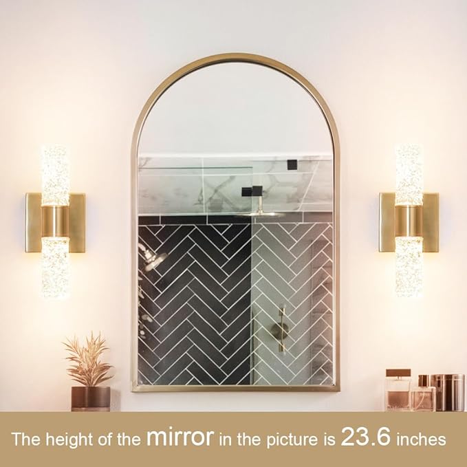 Crystal LED Wall Sconces Set of 2, Brushed Gold Bathroom Light Fixtures, Modern Bathroom Sconce Lights with Wired LED for Bedroom,Living Room,Hallway | Gold Vanity Wall Lighting & Crystal Wall Decor