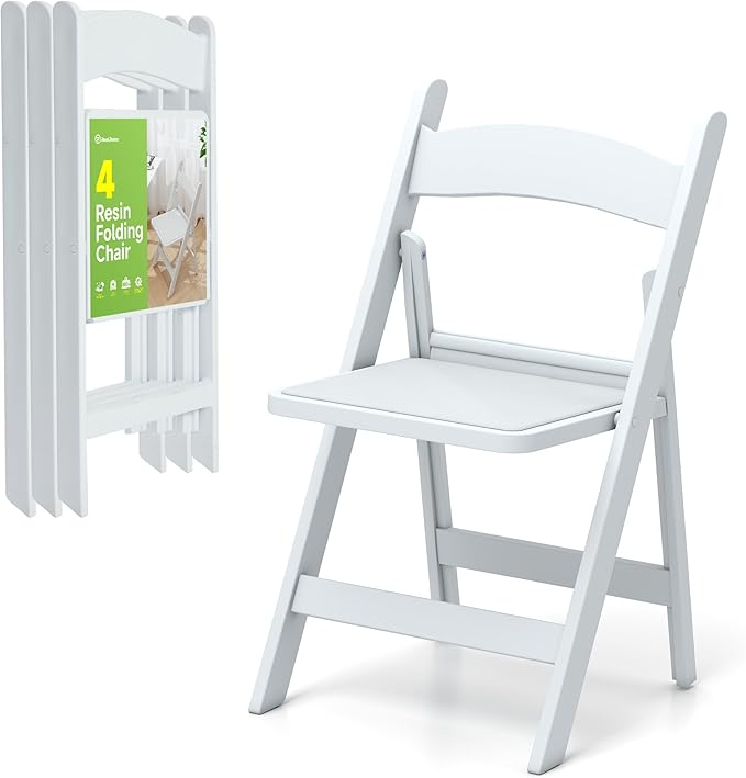 Real Relax Resin Folding Chairs, 4 Sets, White Patio Chairs with PVC Padded Seats 330LB Capacity for Camping, Banquets, Weddings, Church and Events