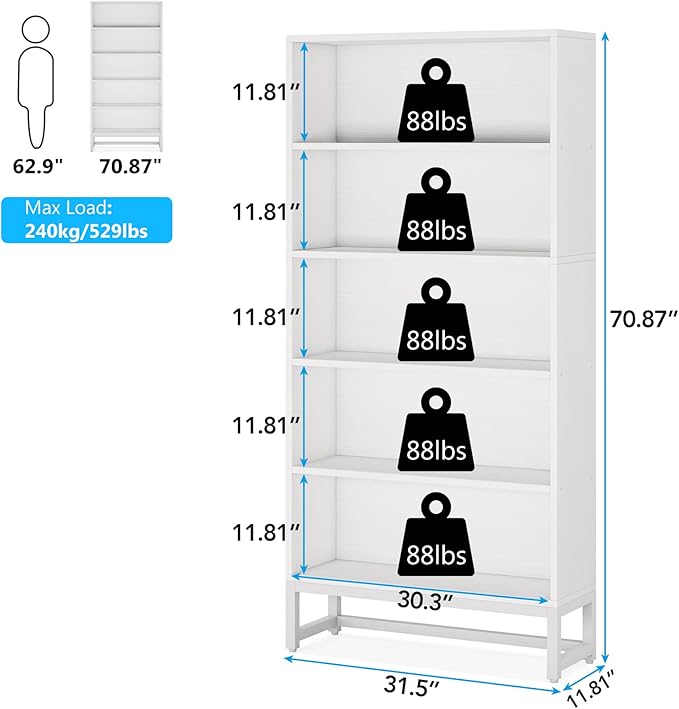 Tribesigns Tall Bookcase and Bookshelf, 70.8” Large Bookcases Organizer with 5-Tier Storage Shelves, Heavy Duty Free-Standing Library Bookshelf Shelving Unit for Living Room, Bedroom, Office (White)