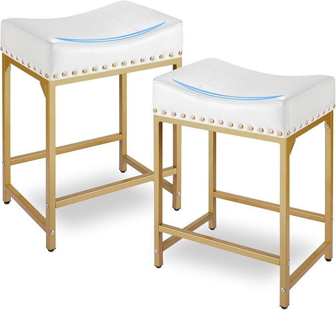 Bar Stools Set of 2, Gold White Counter Height Stools with Cushion Counter Stools and Barstools Steel Frame, 24" Modern Gold Bar Stools for Kitchen Counter Island (Off White+Gold)