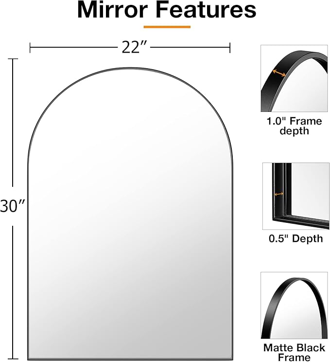 Brightify Arched Mirror, Arched Wall Mirror, 22 x 30 Inch Black Arch Mirror, Metal Frame Black Bathroom Mirror, Arched Top Bathroom Vanity Mirror for Living Room Bedroom Mantel Entryway Hallways