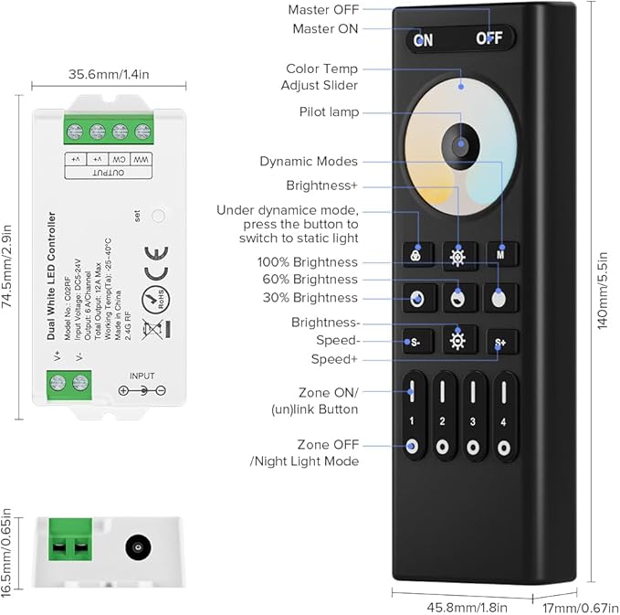 BTF-LIGHTING RF 2.4GHz Wireless Remote RC02RFB & C02RF Tuya Controller Kit 4 Zones Group Control 5050SMD FCOB COB SMD PWM CCT(+ CW WW) 3pin Dual White LED Strip DC5V DC12V DC24V