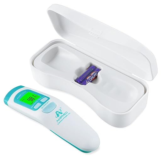 Amplim Non-Contact Forehead Thermometer & Case for Adults, Kids, Baby, FDA Cleared, Medical Grade, Touchless Infrared, 1-Sec Reading, Fever Alarm, Memory Recall, Quiet Mode, White