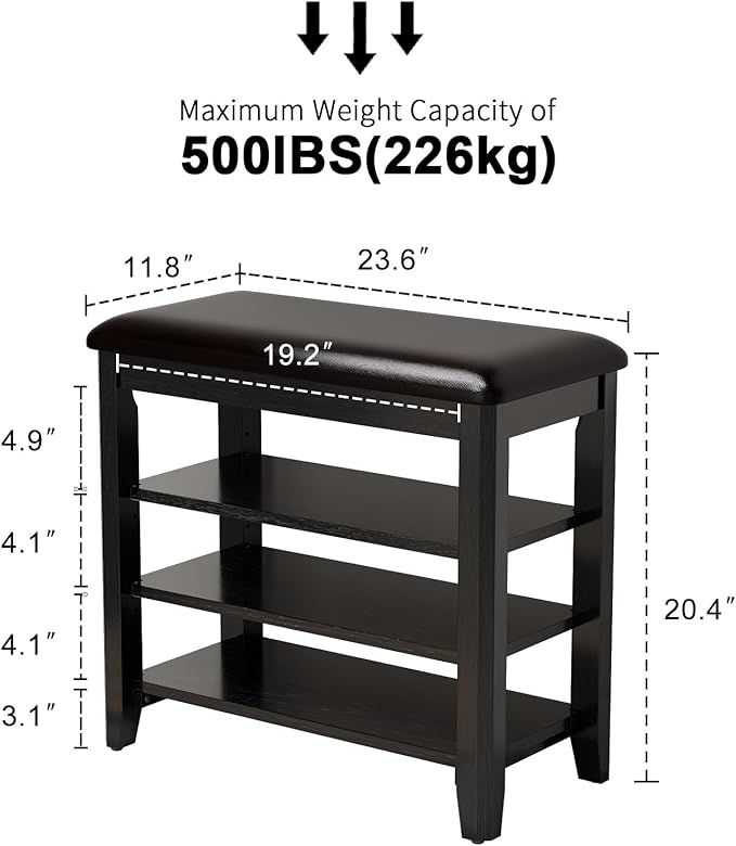 Shoe Bench with Leather Cushion, 3 Tiers Shoe Storage Bench Height Adjustable, Walnut Wood Entryway Bench for Hallway, Mudroom