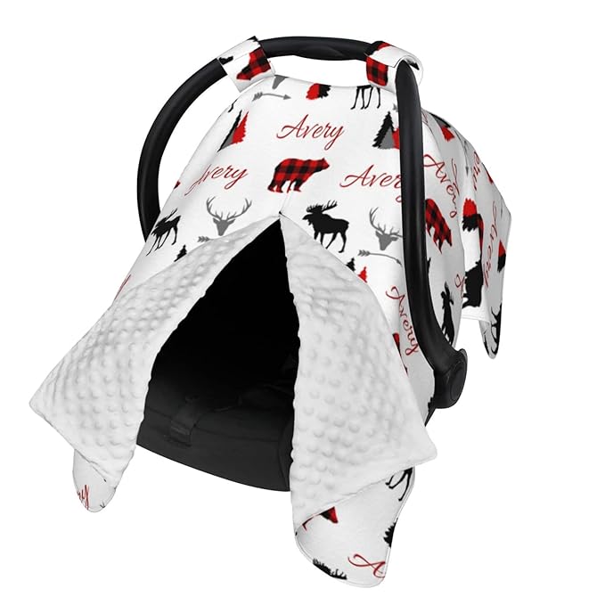 Personalized Plaid Design Adventure Bear and Deer Baby Car Seat Canopy for Babies with Name, Custom Multi-use Blankets for Baby Boys Girls, Peekaboo Minky Nursing Stroller Cover Canopies for Newborn