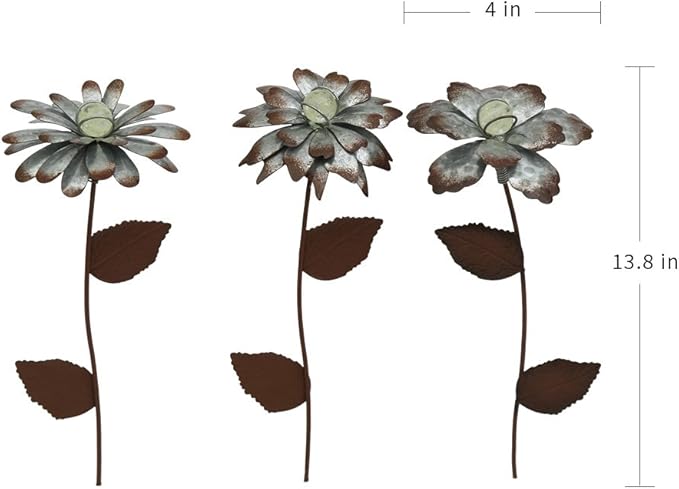 3 PCS Flower Stake Galvanized Metal Decoration for Garden & Outdoor, 13.8" H Glass Globe Glow in Dark Plant Pick Ornament Water-Proof Garden Art for Lawn & Patio