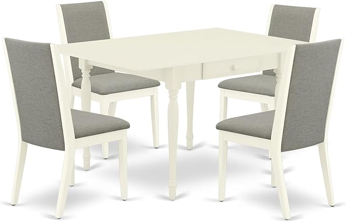 East West Furniture MZLA5-LWH-06 5 Piece Dining Table Set for 4 Includes a Rectangle Kitchen Table with Dropleaf and 4 Shitake Linen Fabric Parson Dining Chairs, 36x54 Inch, Linen White