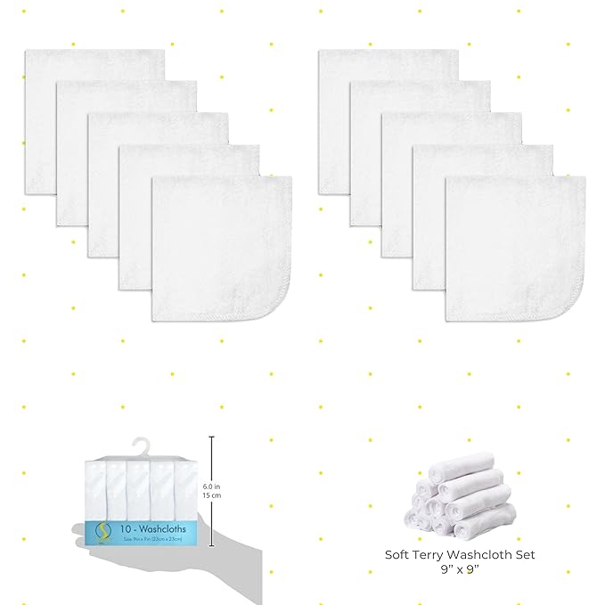Spasilk Washcloth Wipes Set for Newborn Boys and Girls, Soft Terry Washcloth Set, Pack of 10, White, (010-WTE)