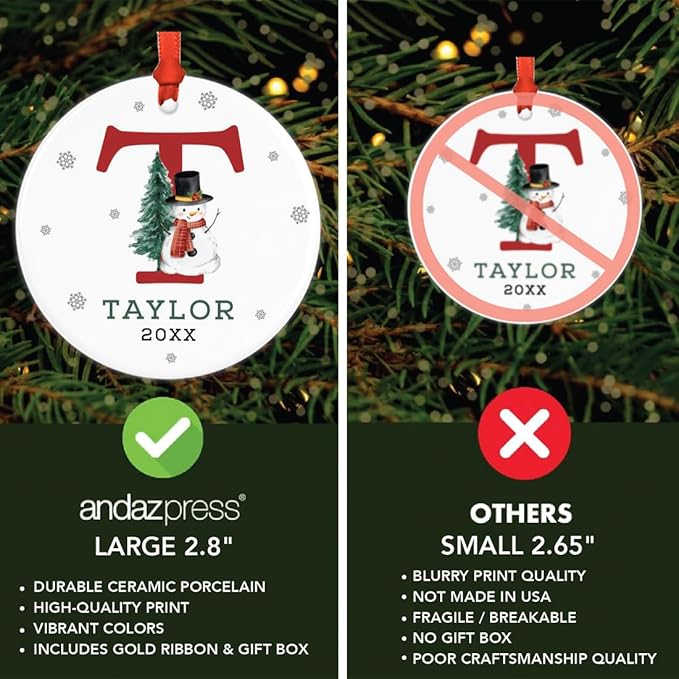 Andaz Press Personalized Christmas Ornament, Custom Name, Initial T Monogram Snowman 2.8" Ceramic Porcelain 2025 Christmas Ornament Keepsake for Kids, Boys, Girls Initial Ornament 1-Pack