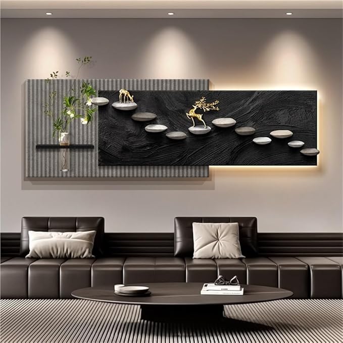 3D Sandstone Texture LED Wall Art with Vase, Plug-in Auspicious Modern Meditation Wall Hanging Sculpture, Minimalism Artwork Decor for Living Room Bedroom Meditation Space(A,120x40cm)