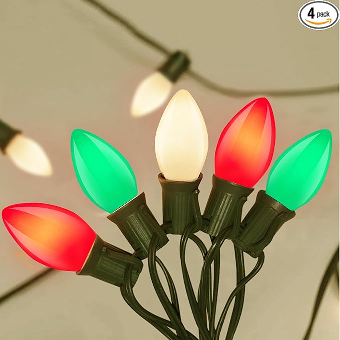 C7 Christmas String Lights, 25Ft Outdoor Decorations With 27 LED Red White and Green Shatterproof Bulbs, Hanging Patio Lights for Tree Backyard Holiday Party Decor