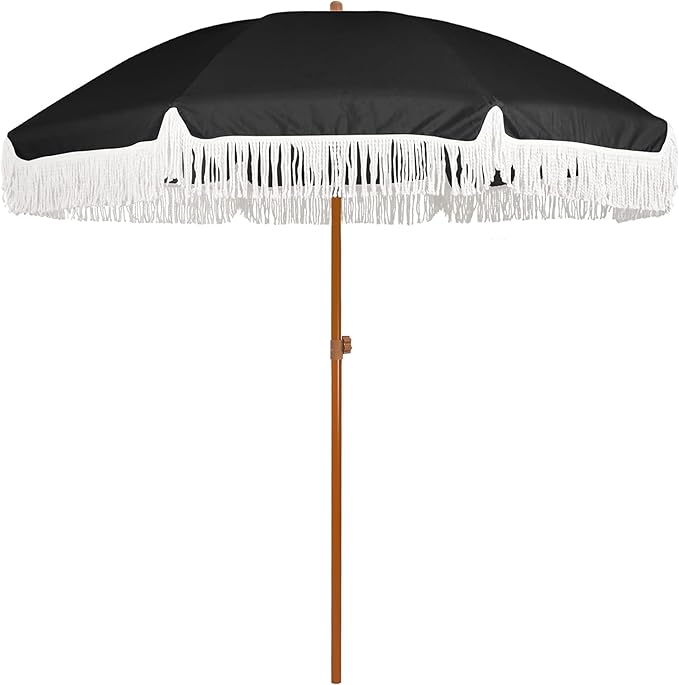 AMMSUN 7ft Patio Umbrella with Fringe Outdoor Tassel Umbrella UPF50+ Premium Steel Pole and Steel Ribs Push Button Tilt, Black