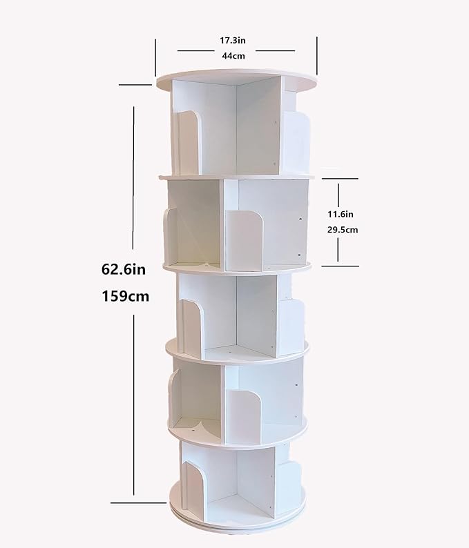 Heehee Wooden Rotating Bookshelf 360 Display Floor Standing Bookcase Storage Rack for Kids&Adults Multi-Functional Bookshelf Organizer (White (5-Tier))