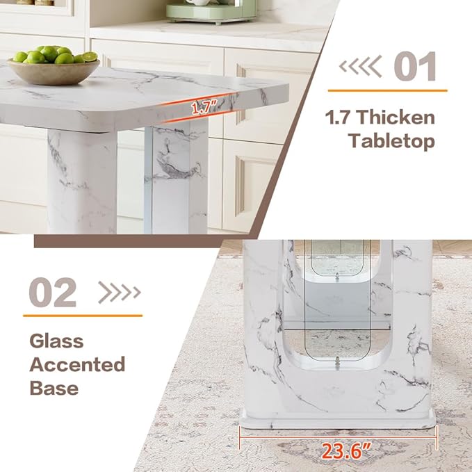 64.5" White Dining Table Set for 6, Modern Kitchen Table and Chairs Set with PU Leather Cushioned Chairs & Decorative Pedestal Base, 7 Piece Marble Pattern Dining Table Set for Dining Room or Kitchen