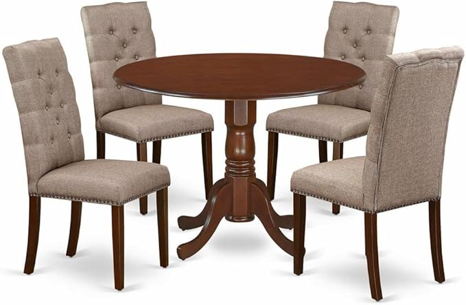 East West Furniture DLEL5-MAH-16 5 Piece Dining Room Furniture Set Includes a Round Dining Table with Dropleaf and 4 Dark Khaki Linen Fabric Parsons Chairs, 42x42 Inch, Mahogany