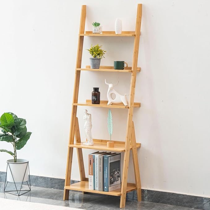 Maydear Bamboo Ladder Shelf Bookcase, 5-Tier Leaning Bookshelf Free Standing Organizer Storage Shelves for Living Room, Bedroom, Kitchen, Home Office, Balcony, Natural Wood