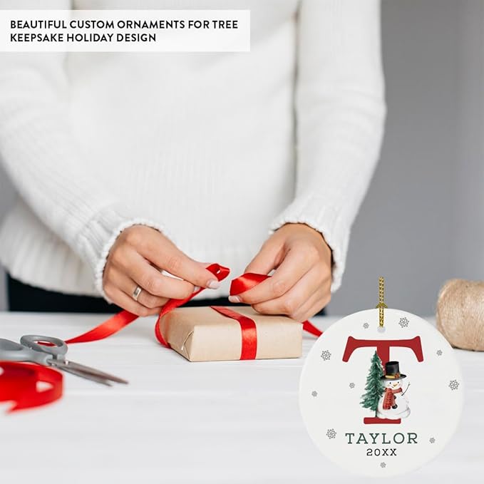 Andaz Press Personalized Christmas Ornament, Custom Name, Initial T Monogram Snowman 2.8" Ceramic Porcelain 2025 Christmas Ornament Keepsake for Kids, Boys, Girls Initial Ornament 1-Pack