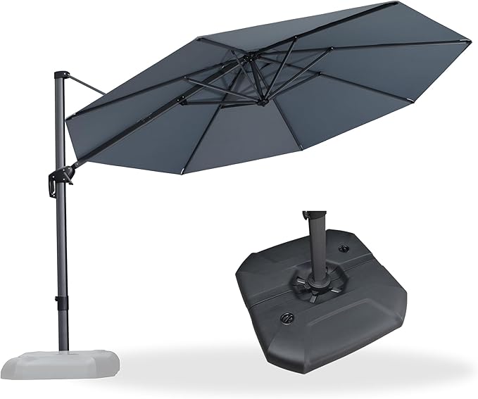 PURPLE LEAF 11 Feet Patio Umbrella with Base Outdoor Cantilever Round Umbrella Aluminum Offset Umbrella with 360-degree Rotation for Garden Deck Pool Patio Light Grey
